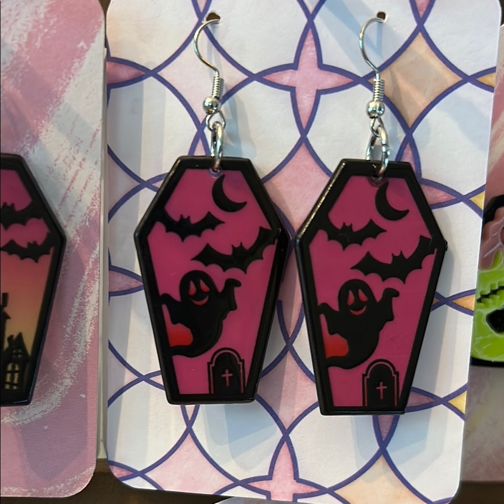 Pink Ghost & bat Coffin Earrings Halloween